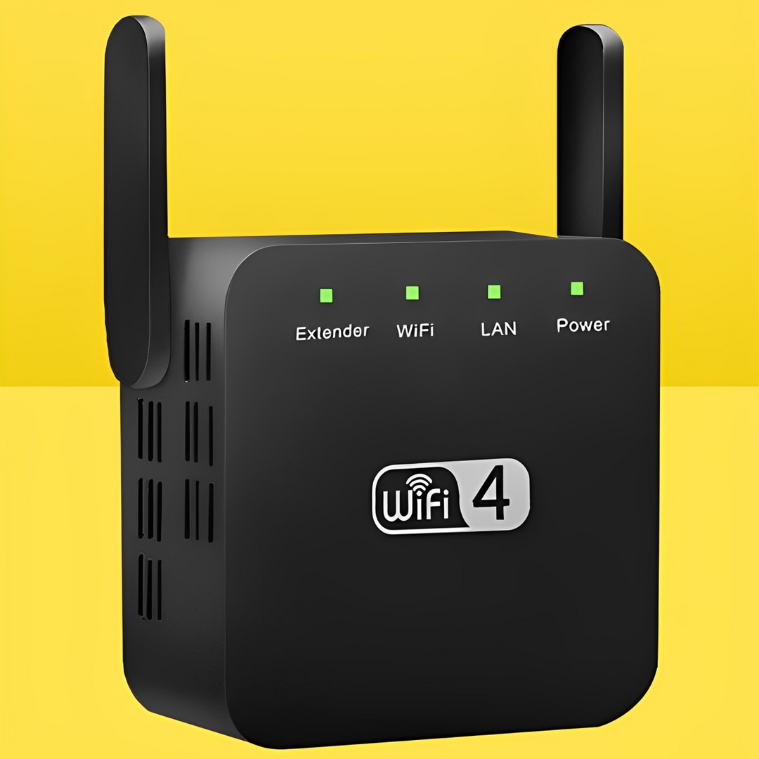 Kompaktowy, biały wzmacniacz sygnału WiFi, do rozszerzania zasięgu sieci w domu, nowoczesny design ścienny.