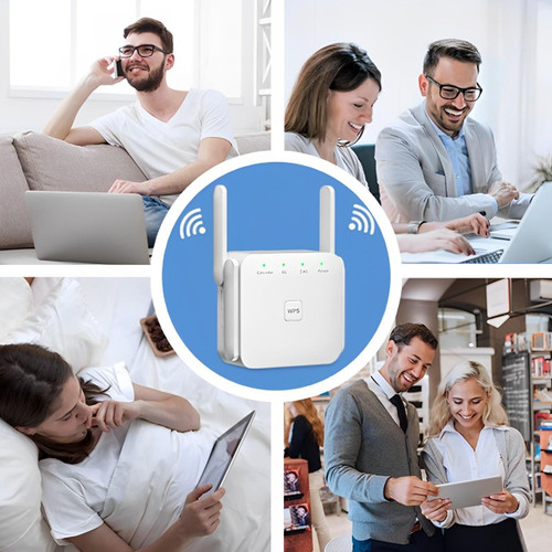 Kompaktowy, biały wzmacniacz sygnału WiFi, do rozszerzania zasięgu sieci w domu, nowoczesny design ścienny.