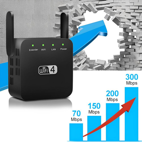 Kompaktowy, biały wzmacniacz sygnału WiFi, do rozszerzania zasięgu sieci w domu, nowoczesny design ścienny.