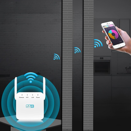 Kompaktowy, biały wzmacniacz sygnału WiFi, do rozszerzania zasięgu sieci w domu, nowoczesny design ścienny.