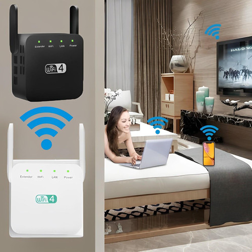 Kompaktowy, biały wzmacniacz sygnału WiFi, do rozszerzania zasięgu sieci w domu, nowoczesny design ścienny.