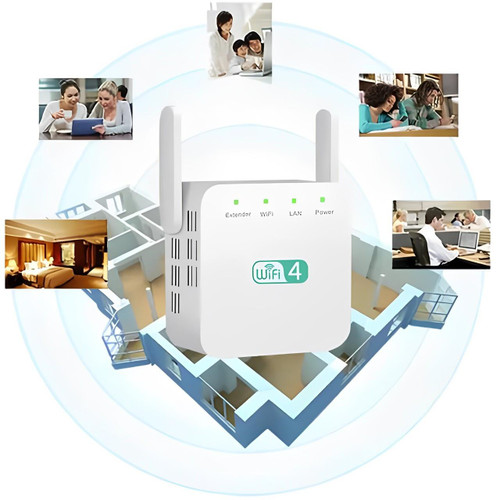 Kompaktowy, biały wzmacniacz sygnału WiFi, do rozszerzania zasięgu sieci w domu, nowoczesny design ścienny.