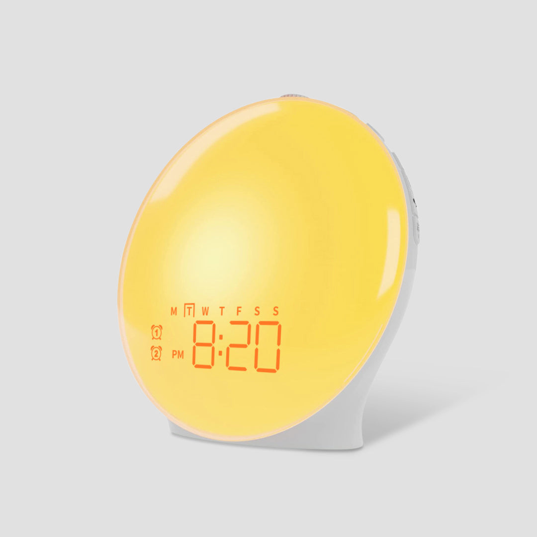 Nowoczesny budzik ze światłem naturalnym, elegancki design, tryb lampki nocnej, uspokajające dźwięki, symulacja wschodu słońca, dekoracja domu.