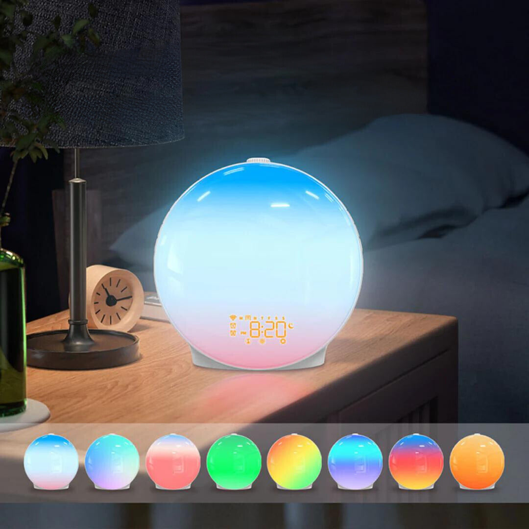 Nowoczesny budzik ze światłem naturalnym, elegancki design, tryb lampki nocnej, uspokajające dźwięki, symulacja wschodu słońca, dekoracja domu.