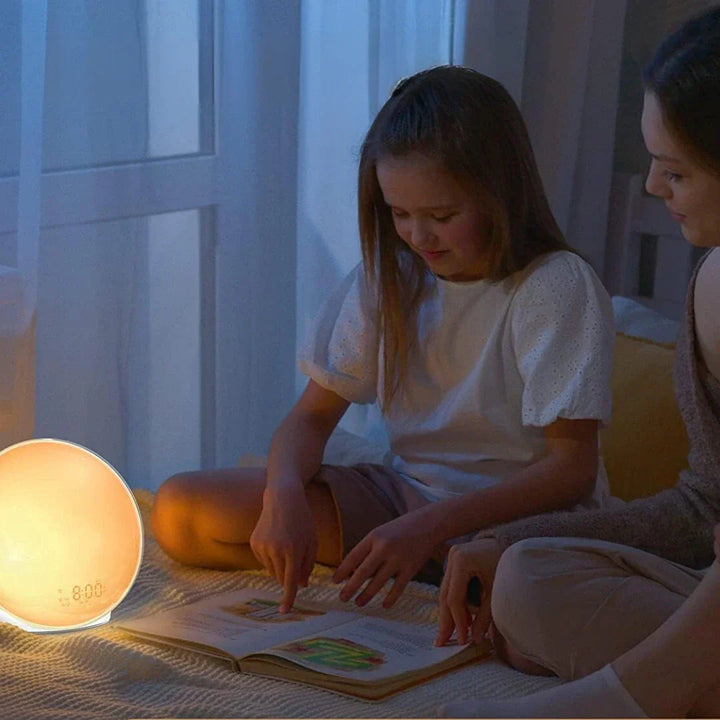 Nowoczesny budzik ze światłem naturalnym, elegancki design, tryb lampki nocnej, uspokajające dźwięki, symulacja wschodu słońca, dekoracja domu.