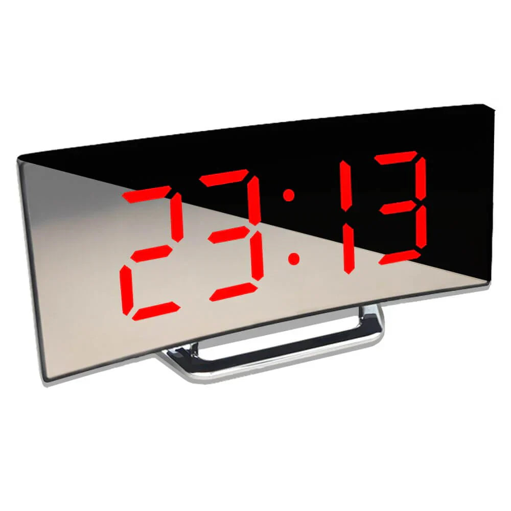 Nowoczesny zakrzywiony budzik cyfrowy LED z jasnym wyświetlaczem, idealny do sypialni lub biura, elegancki, współczesny design.