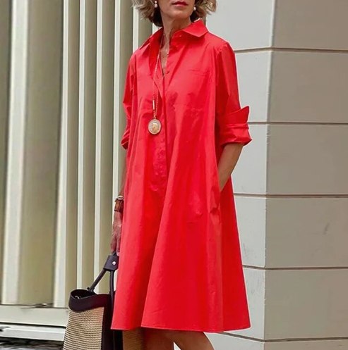 Jednolita koszulowa sukienka dla kobiet, elegancki i swobodny krój, dostępna w wielu żywych kolorach.