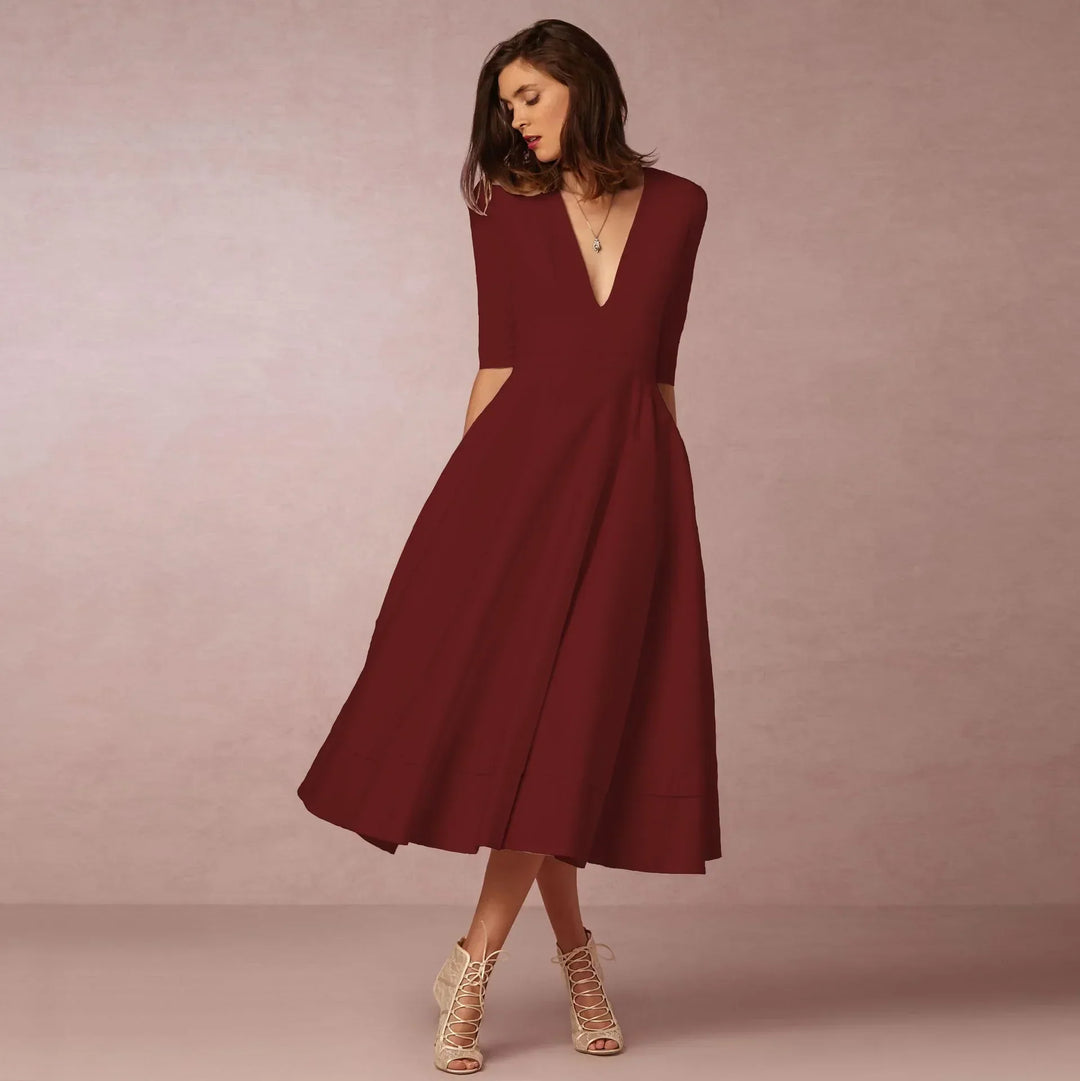 Elegancka sukienka wieczorowa midi, wdzięczny krój, widok z przodu, idealna na specjalne okazje, nowoczesny design