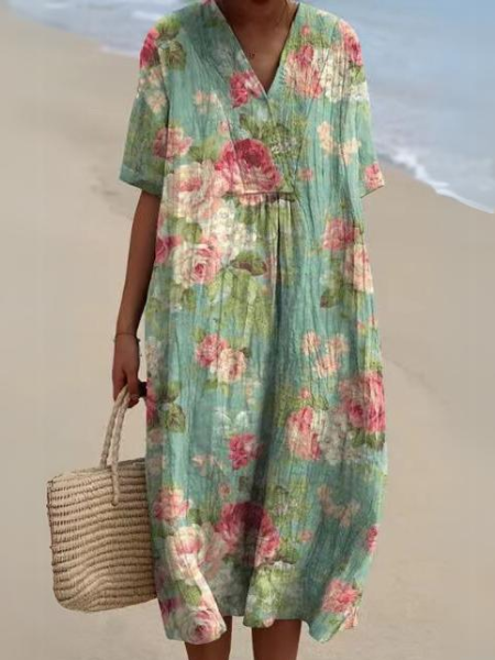 "Robe d'été Odile en coton-lin, motifs floraux, coupe élégante et confortable, idéale pour vos journées estivales."