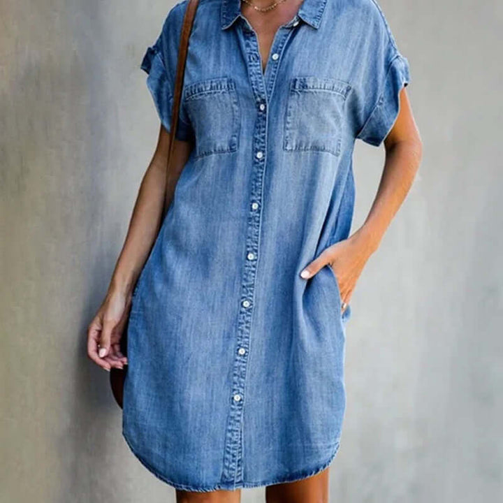 Damska sukienka dżinsowa Valérie, wyszczuplający krój z miękkiego denimu, szykowny styl i komfort na co dzień, kolor niebieski denim.