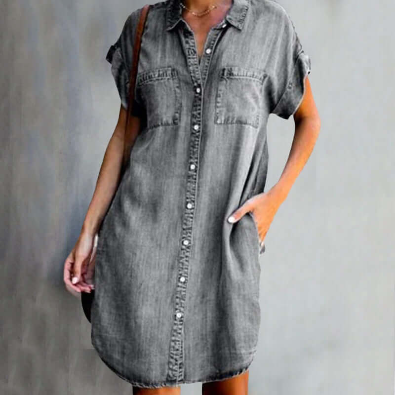 Damska sukienka dżinsowa Valérie, wyszczuplający krój z miękkiego denimu, szykowny styl i komfort na co dzień, kolor niebieski denim.