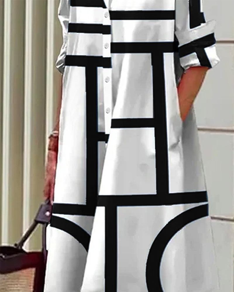 Sukienka Estelle z geometrycznym wzorem i bocznymi kieszeniami, elegancka i nowoczesna, widok ogólny.