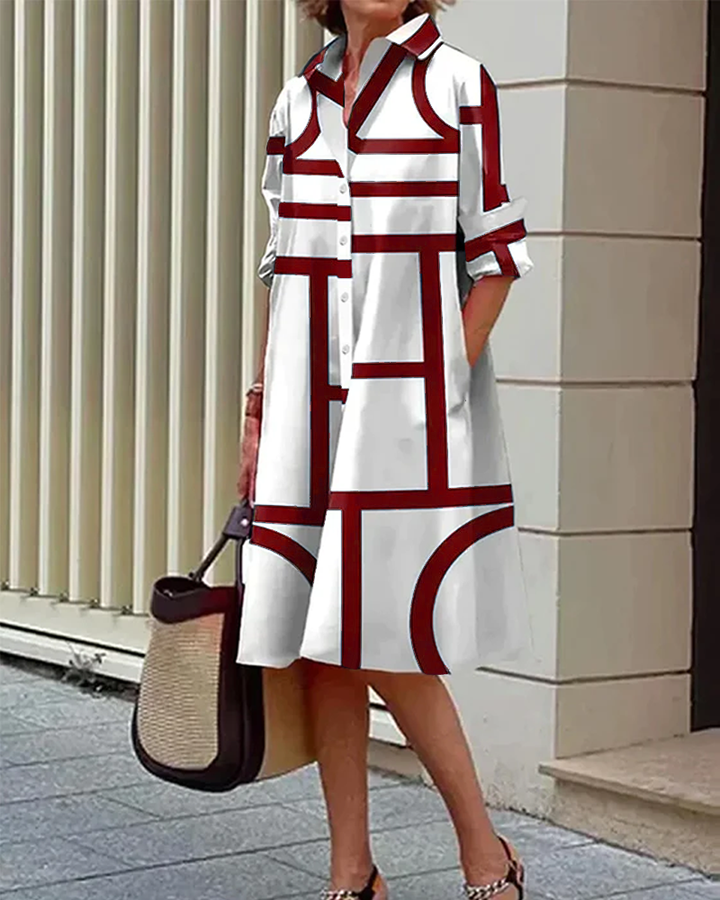 Sukienka Estelle z geometrycznym wzorem i bocznymi kieszeniami, elegancka i nowoczesna, widok ogólny.