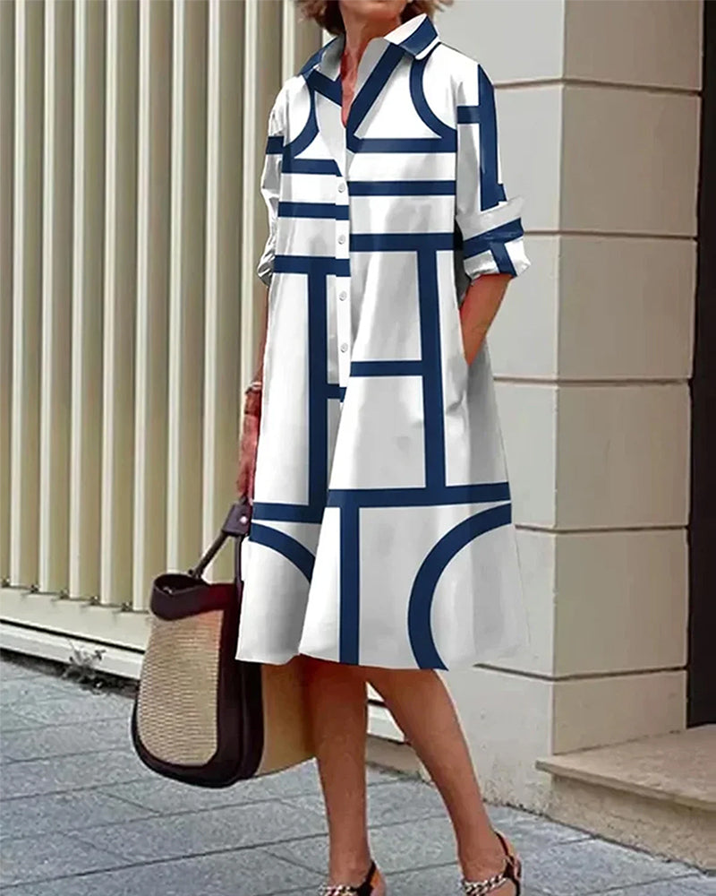 Sukienka Estelle z geometrycznym wzorem i bocznymi kieszeniami, elegancka i nowoczesna, widok ogólny.