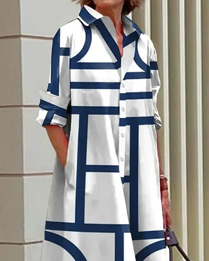 Sukienka Estelle z geometrycznym wzorem i bocznymi kieszeniami, elegancka i nowoczesna, widok ogólny.