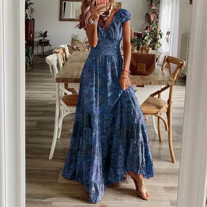 Szykowna damska długa sukienka boho z lekkiej tkaniny, swobodny krój, idealna dla elegantek i komfortu.