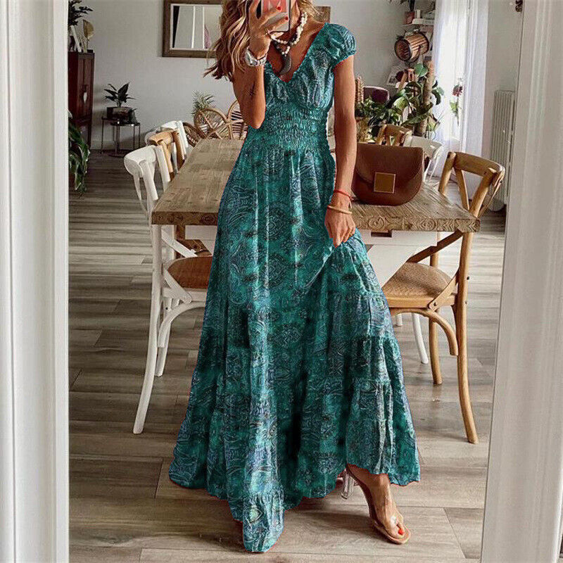 Szykowna damska długa sukienka boho z lekkiej tkaniny, swobodny krój, idealna dla elegantek i komfortu.