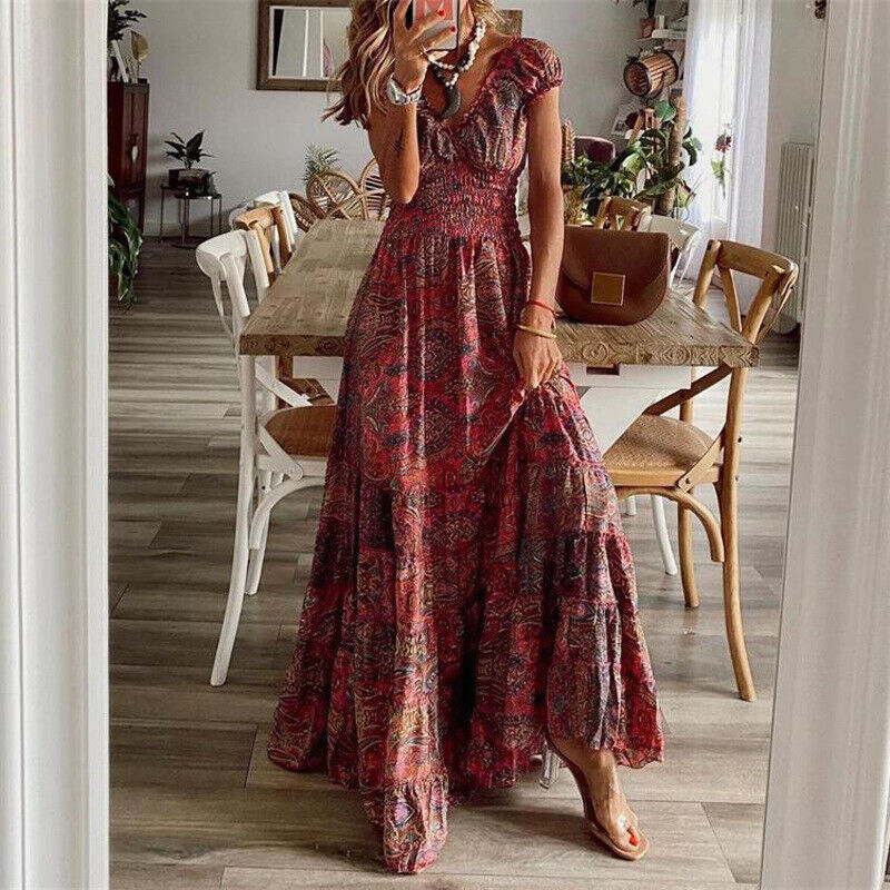 Szykowna damska długa sukienka boho z lekkiej tkaniny, swobodny krój, idealna dla elegantek i komfortu.