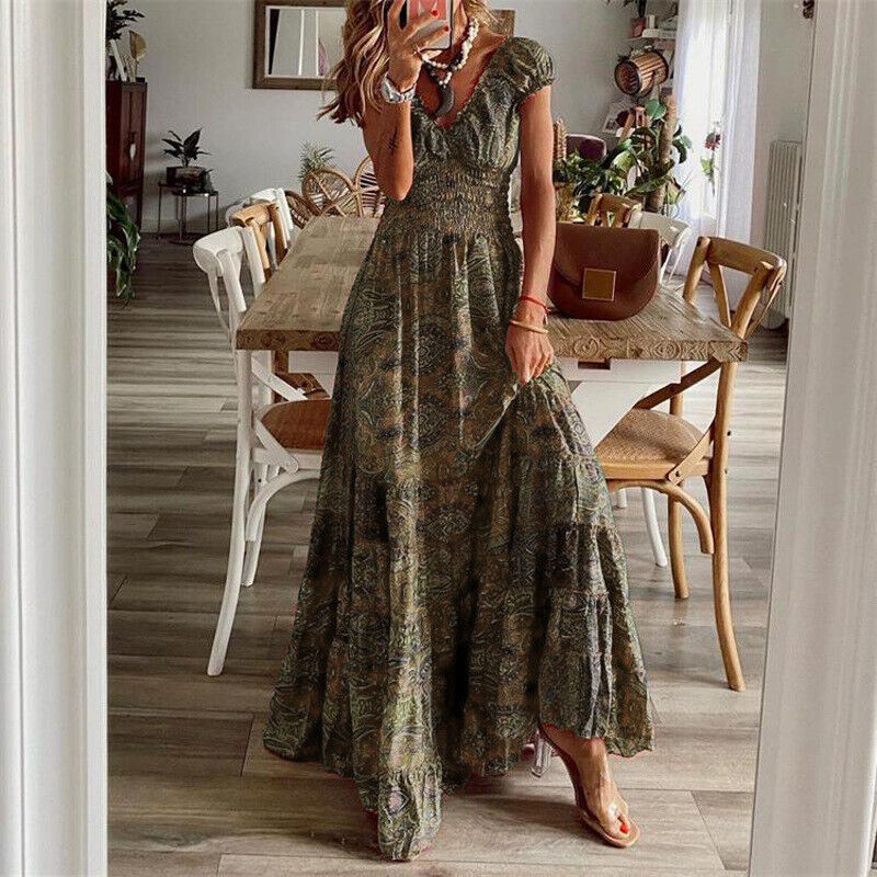 Szykowna damska długa sukienka boho z lekkiej tkaniny, swobodny krój, idealna dla elegantek i komfortu.