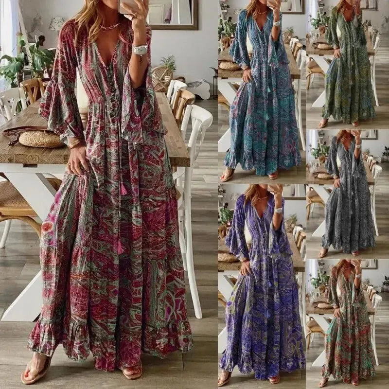 Długa sukienka boho damska, szykowna, na lato, z rozkloszowanymi rękawami, kwiatowymi wzorami, podkreślającym figurę wysokim stanem i eleganckim dekoltem w serek.
