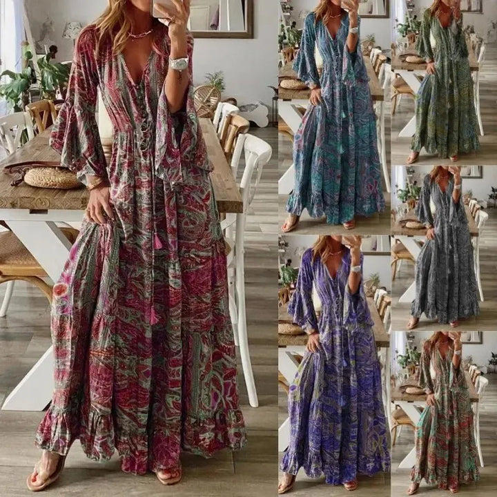 Długa sukienka boho damska, szykowna, na lato, z rozkloszowanymi rękawami, kwiatowymi wzorami, podkreślającym figurę wysokim stanem i eleganckim dekoltem w serek.