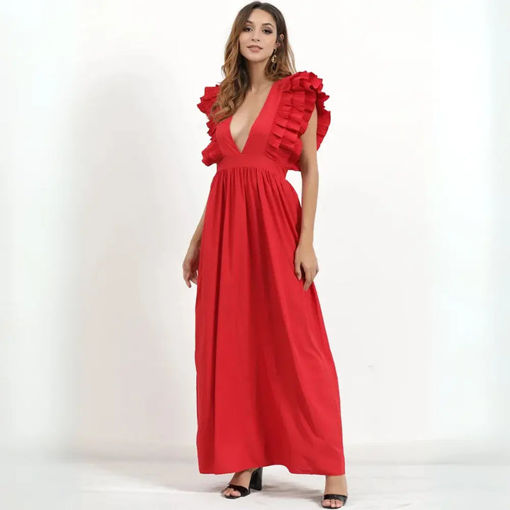 Elegancka sukienka maxi damska z falbankami i głębokim dekoltem, idealna na letnie wieczory i specjalne okazje.