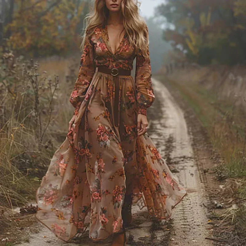 Brązowa maxi sukienka boho z falbanami dla kobiet, zwiewny krój, elegancka, idealna na swobodny styl.