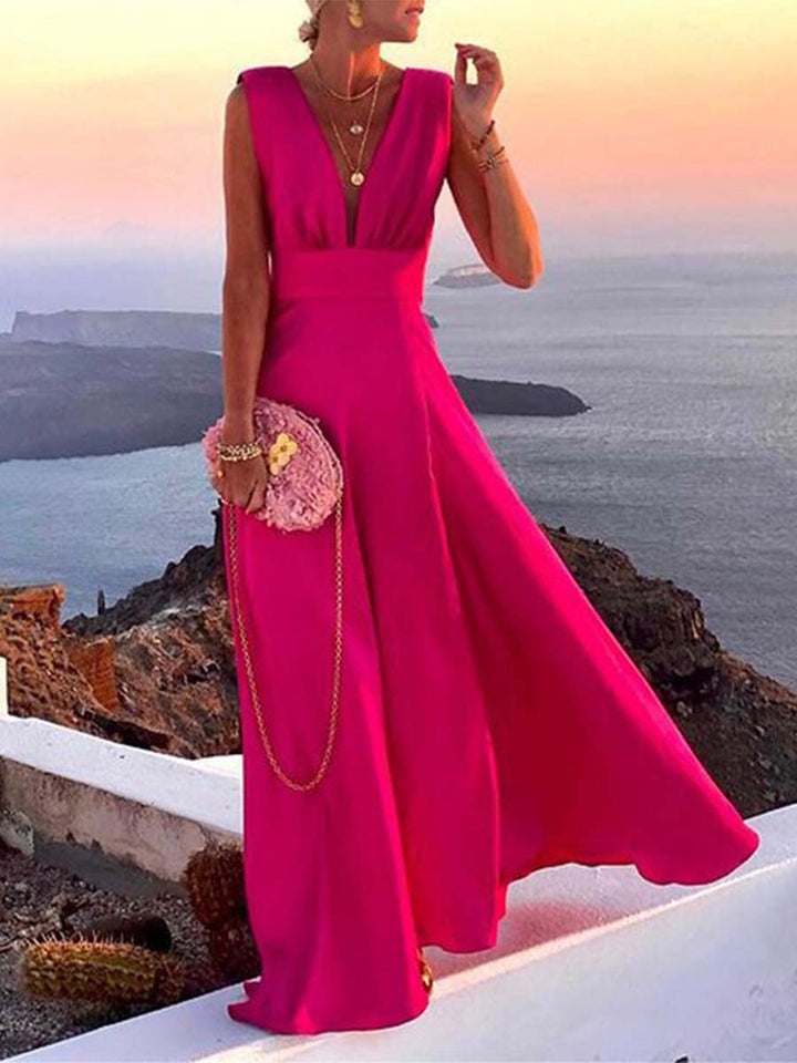 Elegancka i płynna damska sukienka maxi wieczorowa Clémence, idealna na wesela, dostępna w czterech kolorach i rozmiarach S do XL.