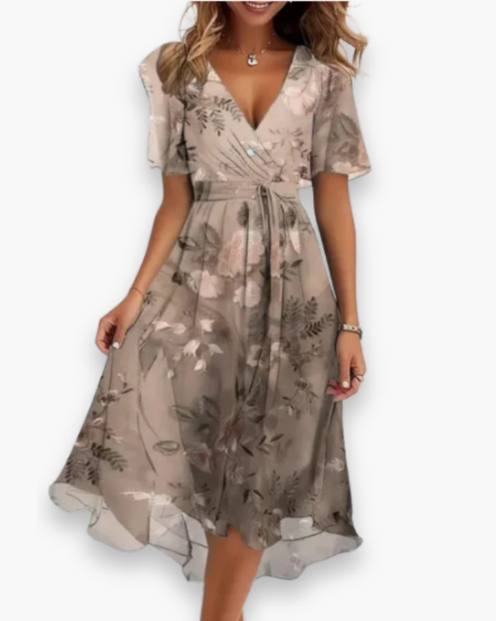 Damska elegancka rozkloszowana sukienka midi, dekolt w szpic, lekkie rękawy, zwiewny materiał, letnia elegancja.