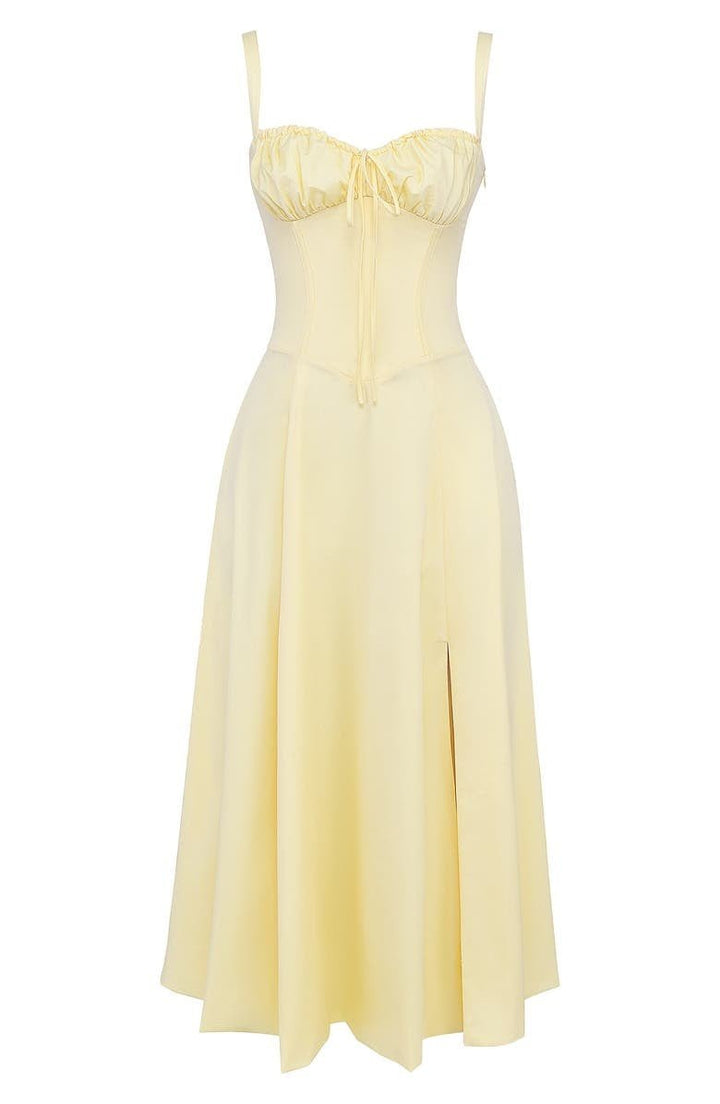 "Robe midi élégante à corset pour femme, jupe fluide et corsage flatteur, idéale pour événements formels et décontractés."