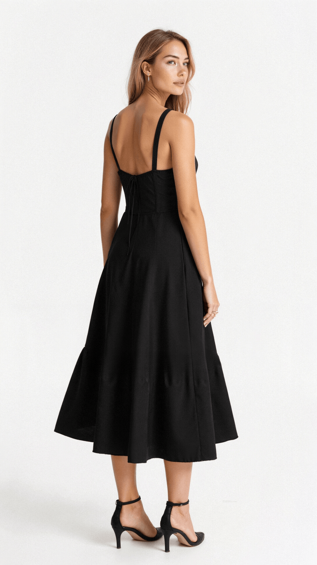 Elegancka sukienka midi z gorsetem dla kobiet, o lejącej spódnicy i modelującym gorsecie, doskonała na formalne i codzienne okazje.