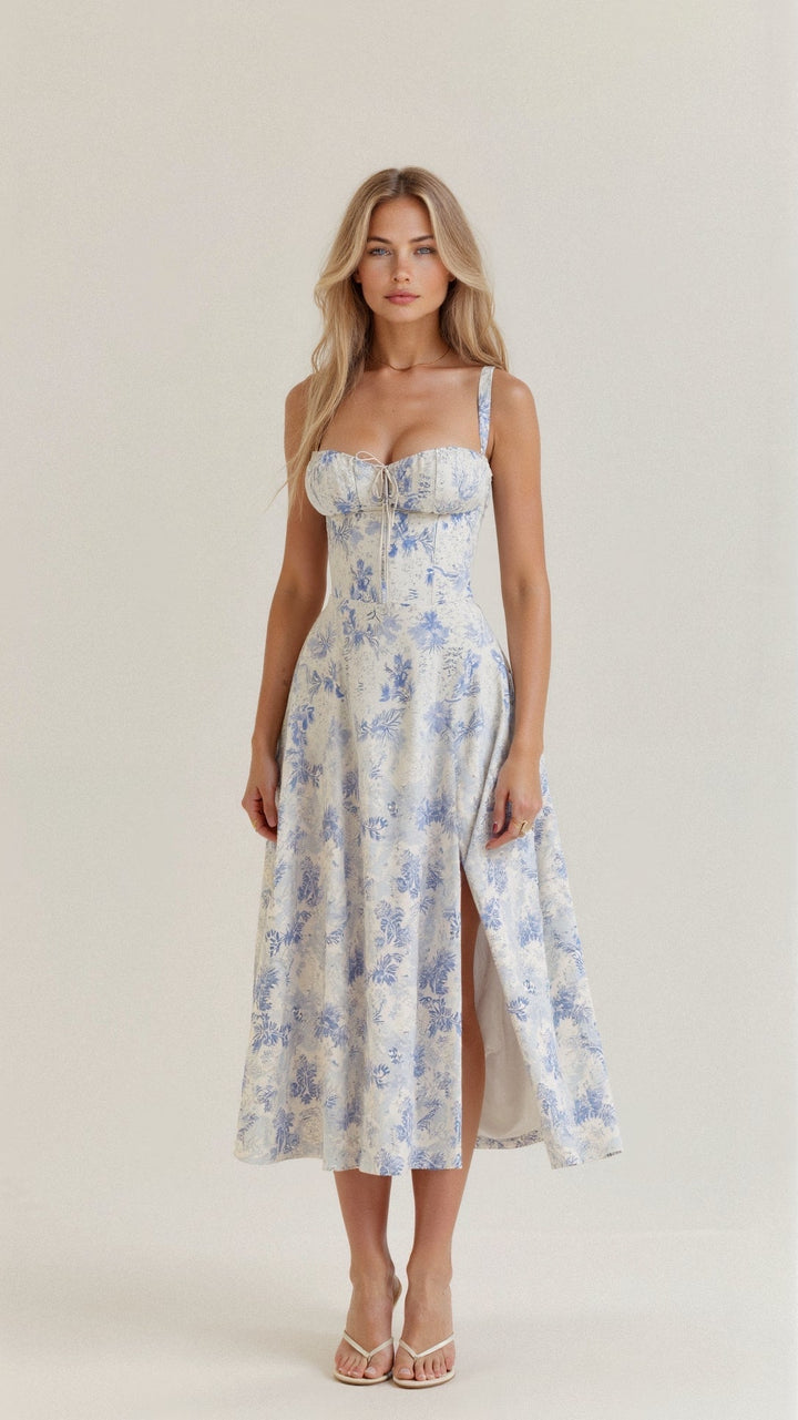 Elegancka sukienka midi z gorsetem dla kobiet, o lejącej spódnicy i modelującym gorsecie, doskonała na formalne i codzienne okazje.