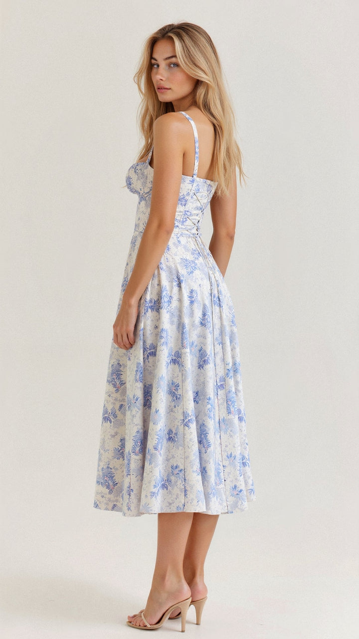Elegancka sukienka midi z gorsetem dla kobiet, o lejącej spódnicy i modelującym gorsecie, doskonała na formalne i codzienne okazje.