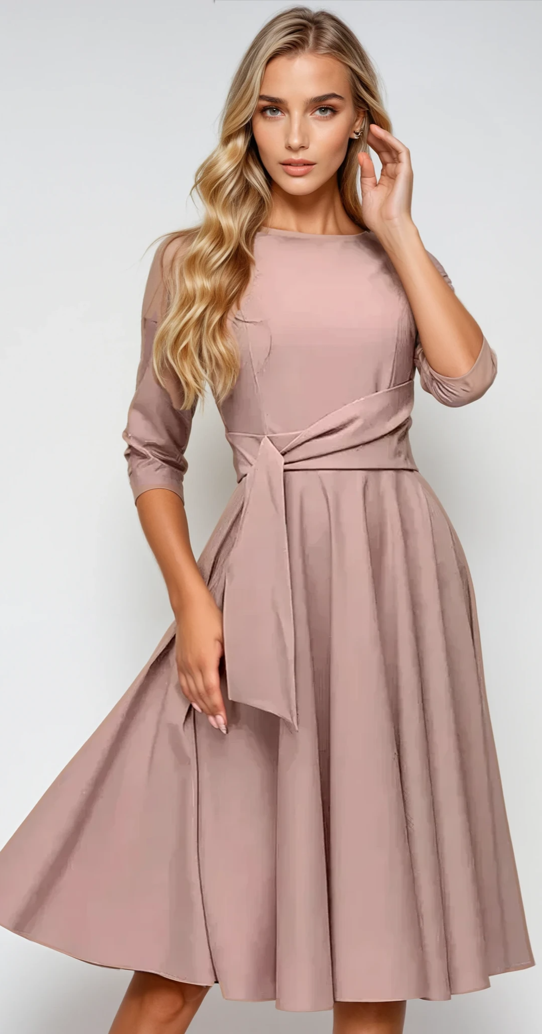 Elegancka sukienka midi z detalami wiązania, lekki i zwiewny materiał, odpowiednia na formalne lub codzienne wyjścia.
