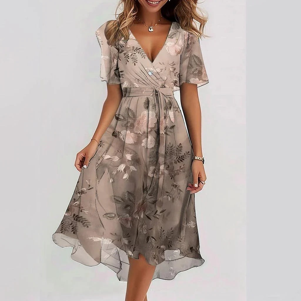 Modna sukienka midi z kwiatami, swobodny look, ale z nutą elegancji.