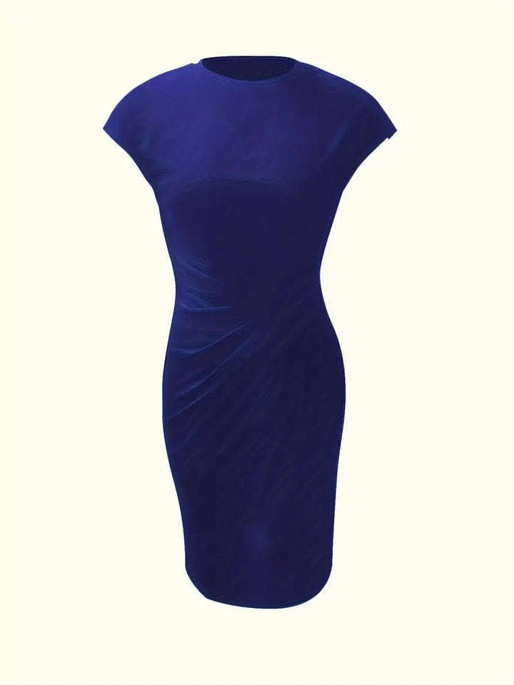 "Robe midi Mylène femme élégante polyvalente, col rond, taille ajustée, diverses couleurs, silhouette flatteuse."