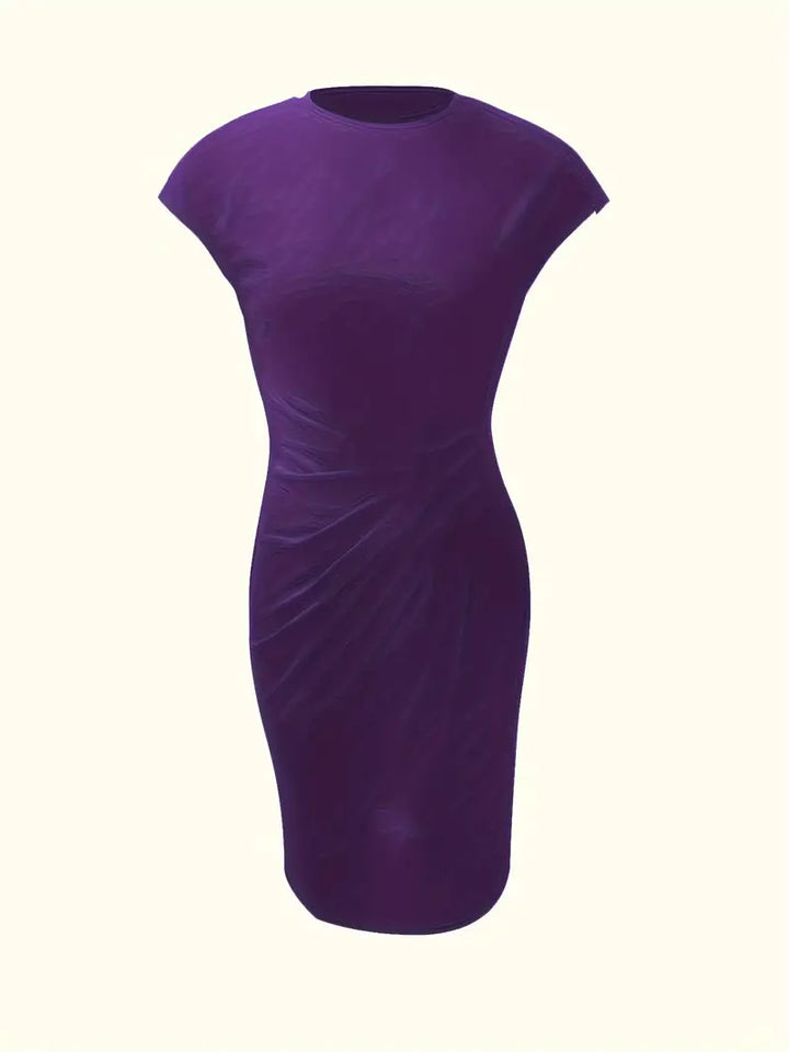 "Robe midi Mylène femme élégante polyvalente, col rond, taille ajustée, diverses couleurs, silhouette flatteuse."