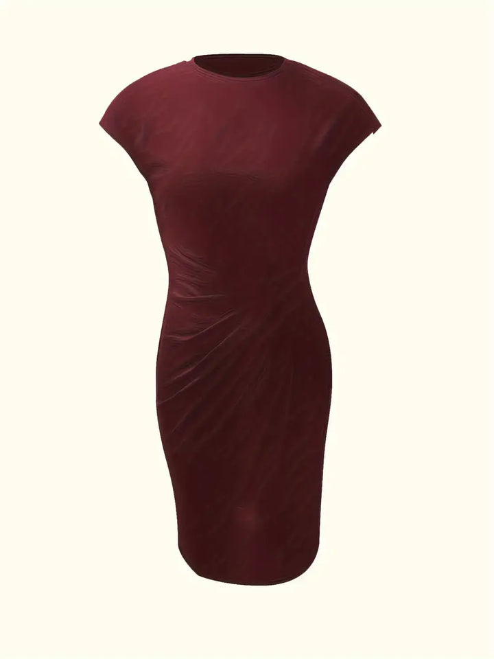 "Robe midi Mylène femme élégante polyvalente, col rond, taille ajustée, diverses couleurs, silhouette flatteuse."