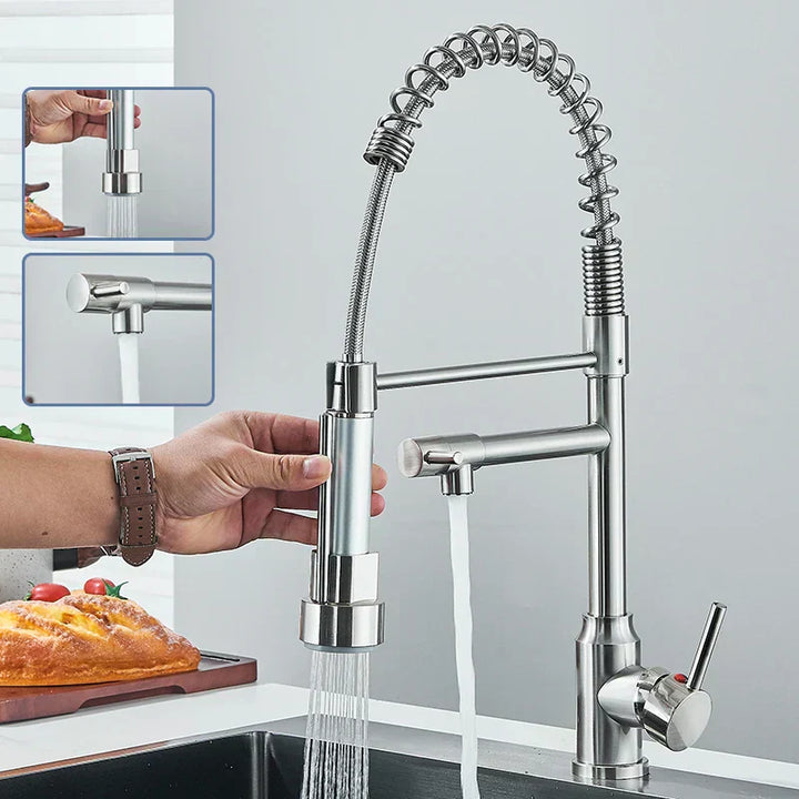 Obrotowy kran kuchenny ze stali nierdzewnej, minimalistyczny design, z obrotem 360°, zapewniający maksymalną elastyczność.