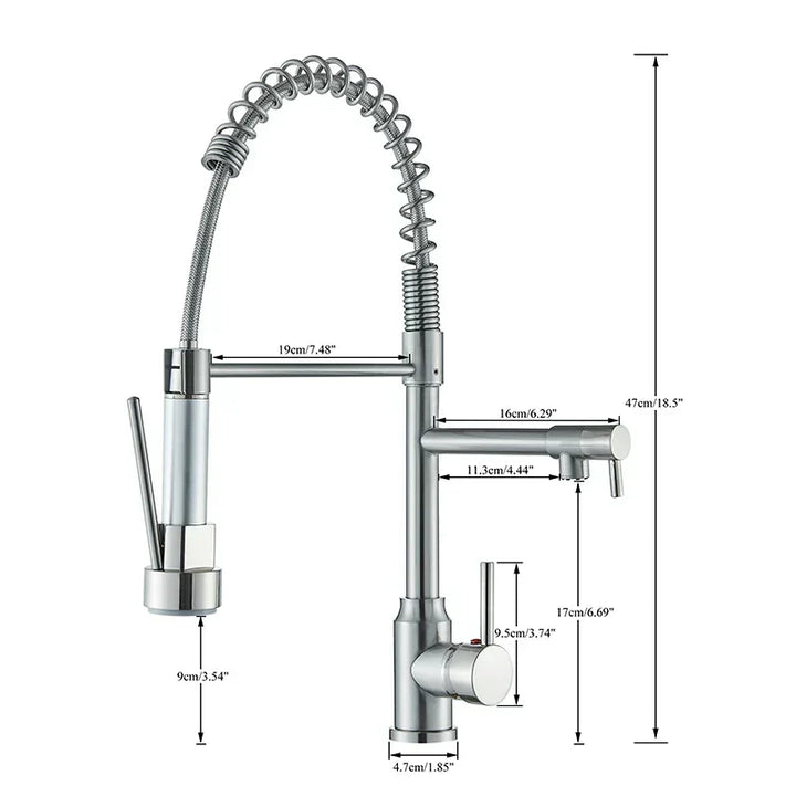 Obrotowy kran kuchenny ze stali nierdzewnej, minimalistyczny design, z obrotem 360°, zapewniający maksymalną elastyczność.
