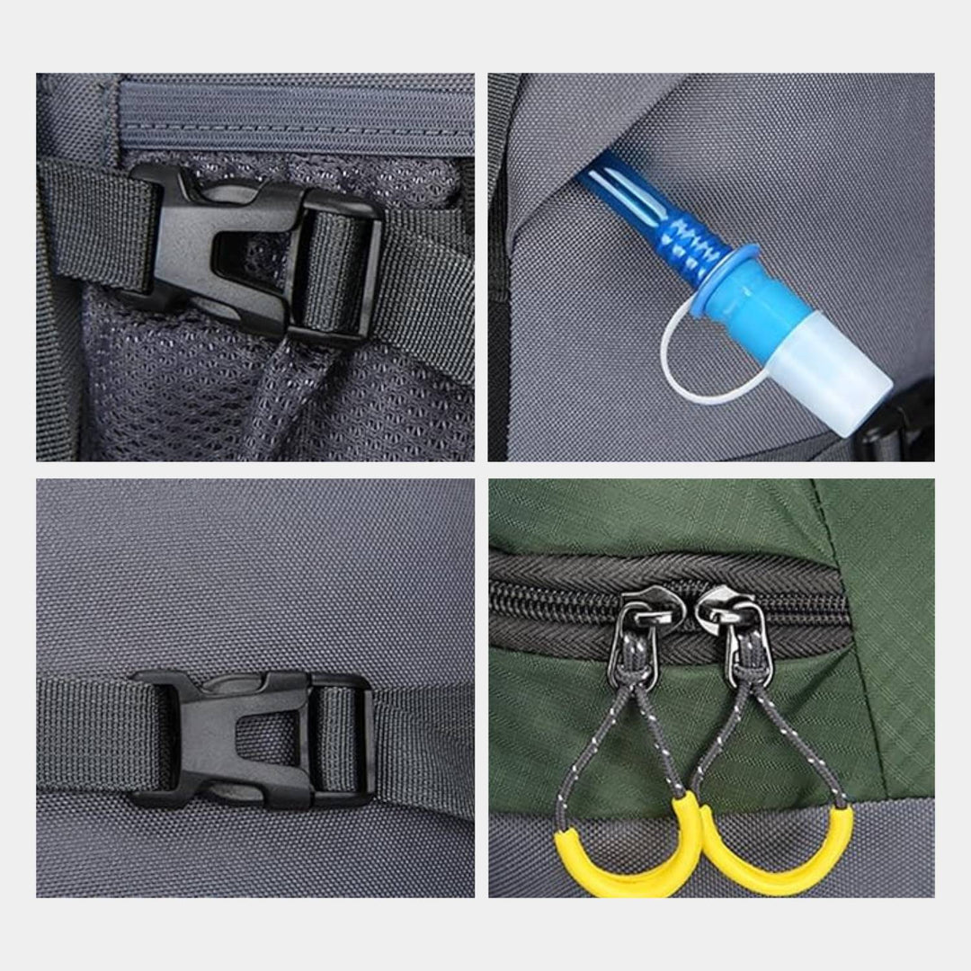 Zielony, solidny plecak trekkingowy AdventurePack o pojemności 60L, przeznaczony do transportu ciężkiego ładunku, z wyściełanymi szelkami, idealny na przygody na świeżym powietrzu.