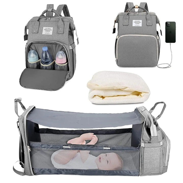 Stylowa i ergonomiczna torba na pieluchy 3 w 1 z wbudowanym łóżeczkiem, regulowanymi szelkami i wieloma przegródkami, kolor szary.