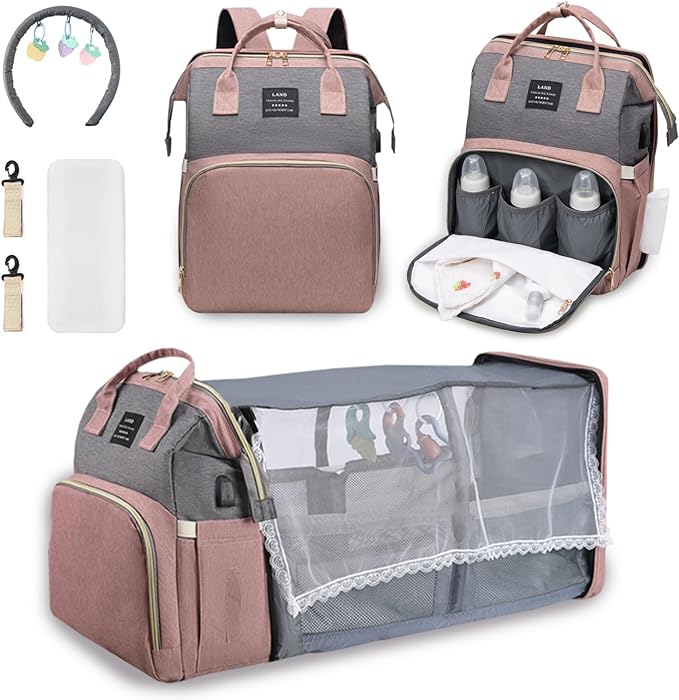 Stylowa i ergonomiczna torba na pieluchy 3 w 1 z wbudowanym łóżeczkiem, regulowanymi szelkami i wieloma przegródkami, kolor szary.
