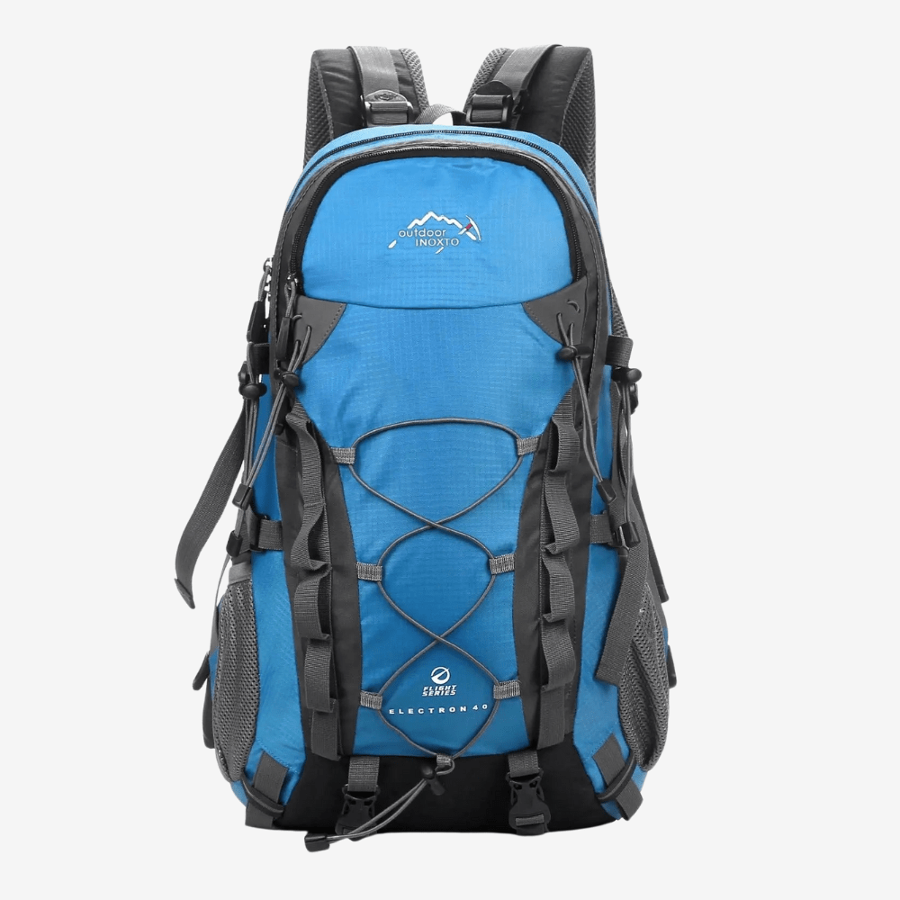 Niebieski plecak trekkingowy 40L od tyłu, wentylowane plecy, regulowane szelki, idealny na wędrówki, duża pojemność, ergonomiczny design.