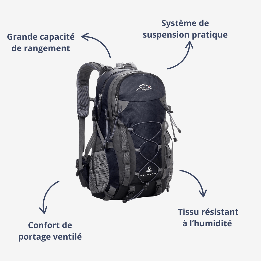 Niebieski plecak trekkingowy 40L, wentylowane plecy, regulowane szelki, idealny na wędrówki, duża pojemność, ergonomiczny design.