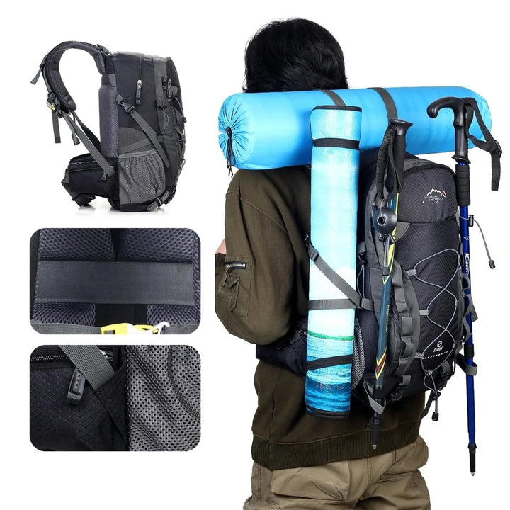 Niebieski plecak trekkingowy 40L, wentylowane plecy, regulowane szelki, idealny na wędrówki, duża pojemność, ergonomiczny design.