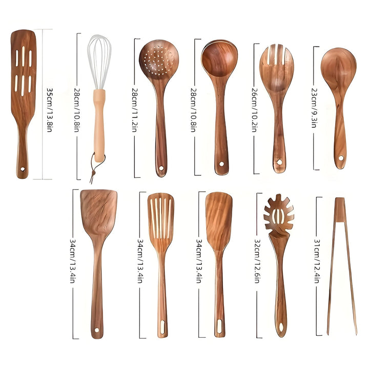 11-częściowy zestaw eleganckich drewnianych przyborów kuchennych EcoWood, idealny do powierzchni nieprzywierającej.