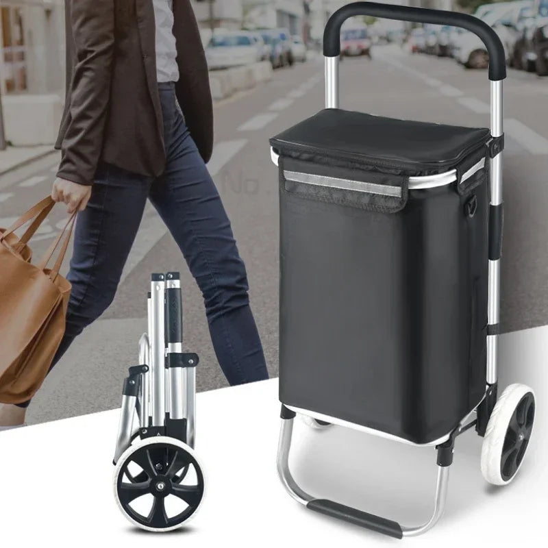 Lekki, składany wózek zakupowy z aluminium i wodoodpornej tkaniny Oxford, ułatwia transport.