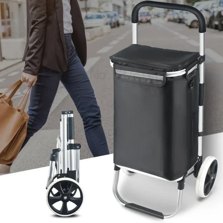 Lekki, składany wózek zakupowy z aluminium i wodoodpornej tkaniny Oxford, ułatwia transport.