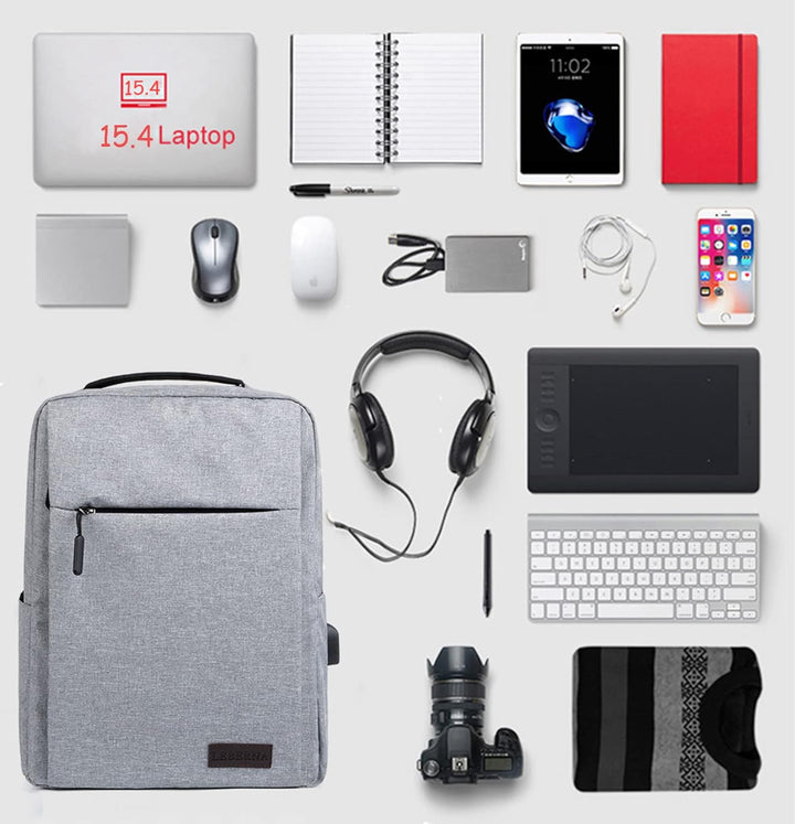 Czarny smukły plecak z wodoodpornego materiału, idealny do pracy, posiada port USB i kieszenie.